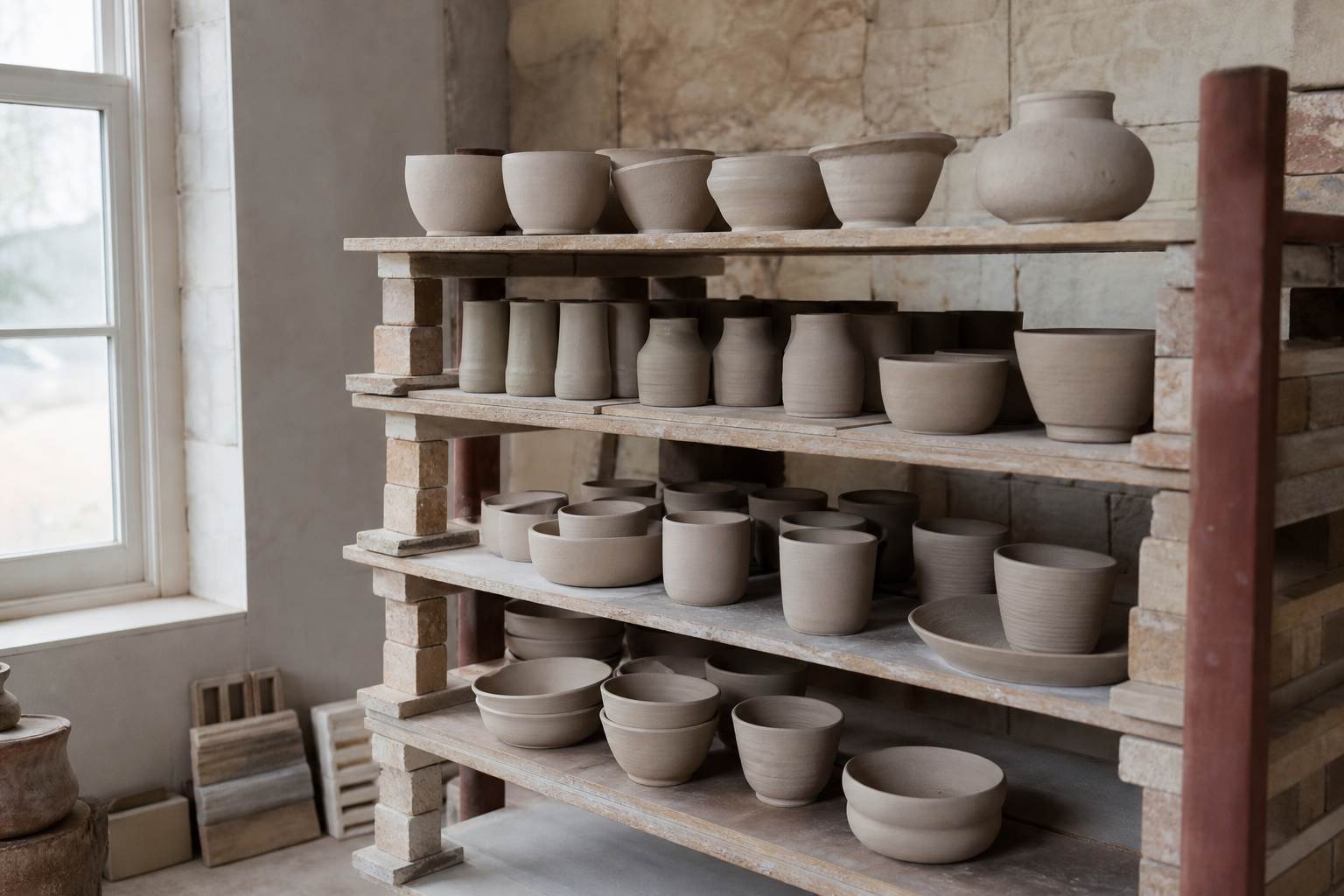 Ceramic vessels drying in the atelier