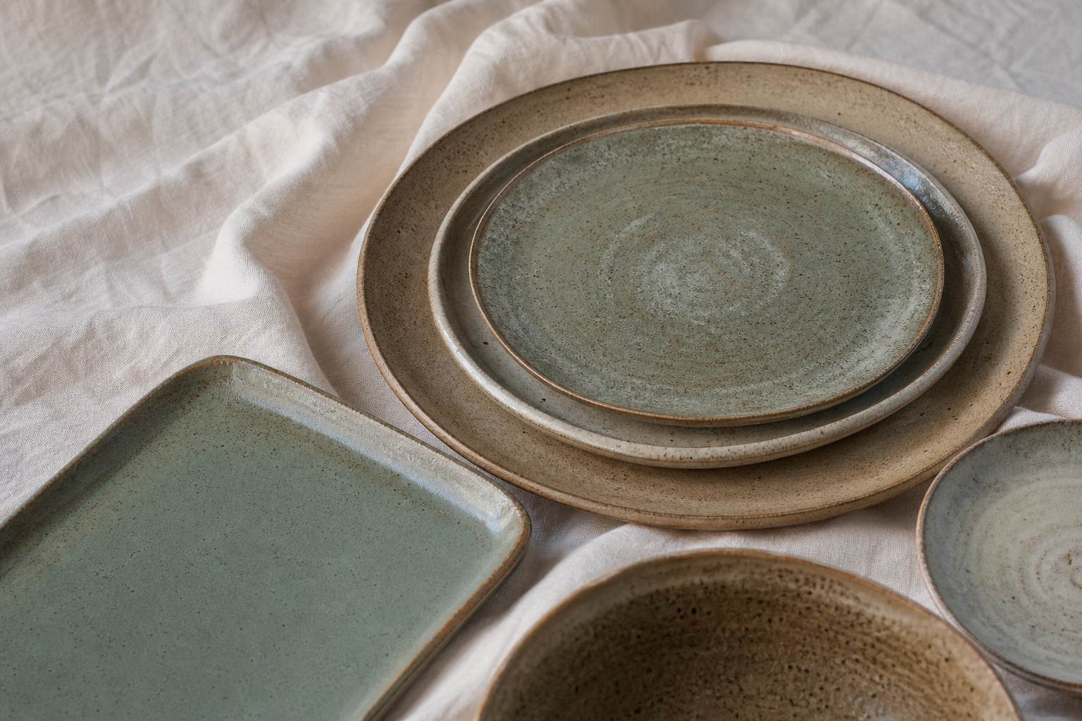 Handmade ceramic plates on a studio shelf